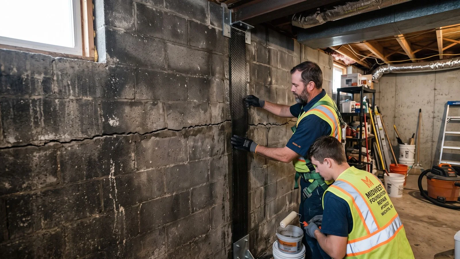 Basement wall stabilized with carbon fiber straps
