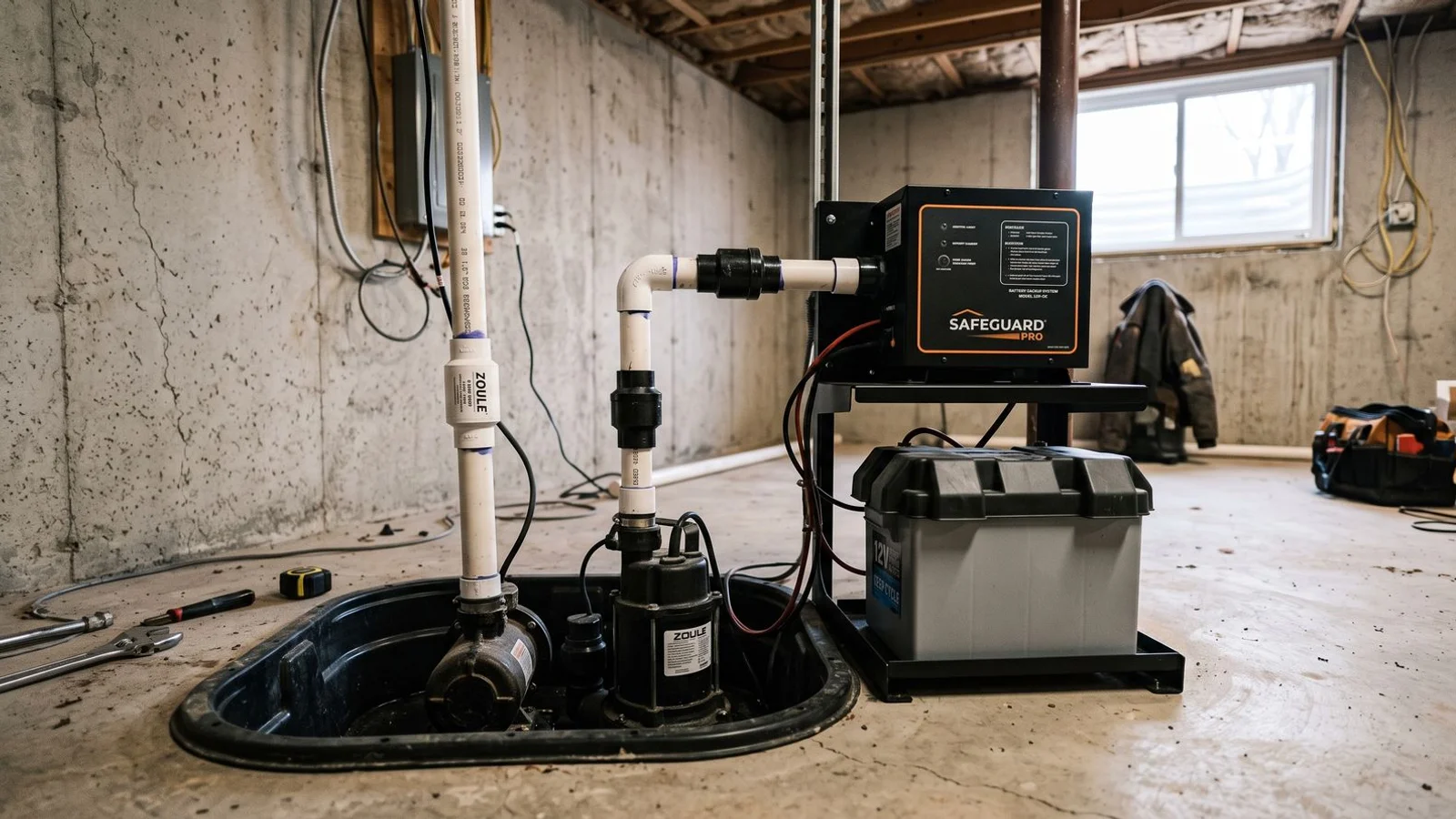 Battery backup sump pump installed beside a primary pump