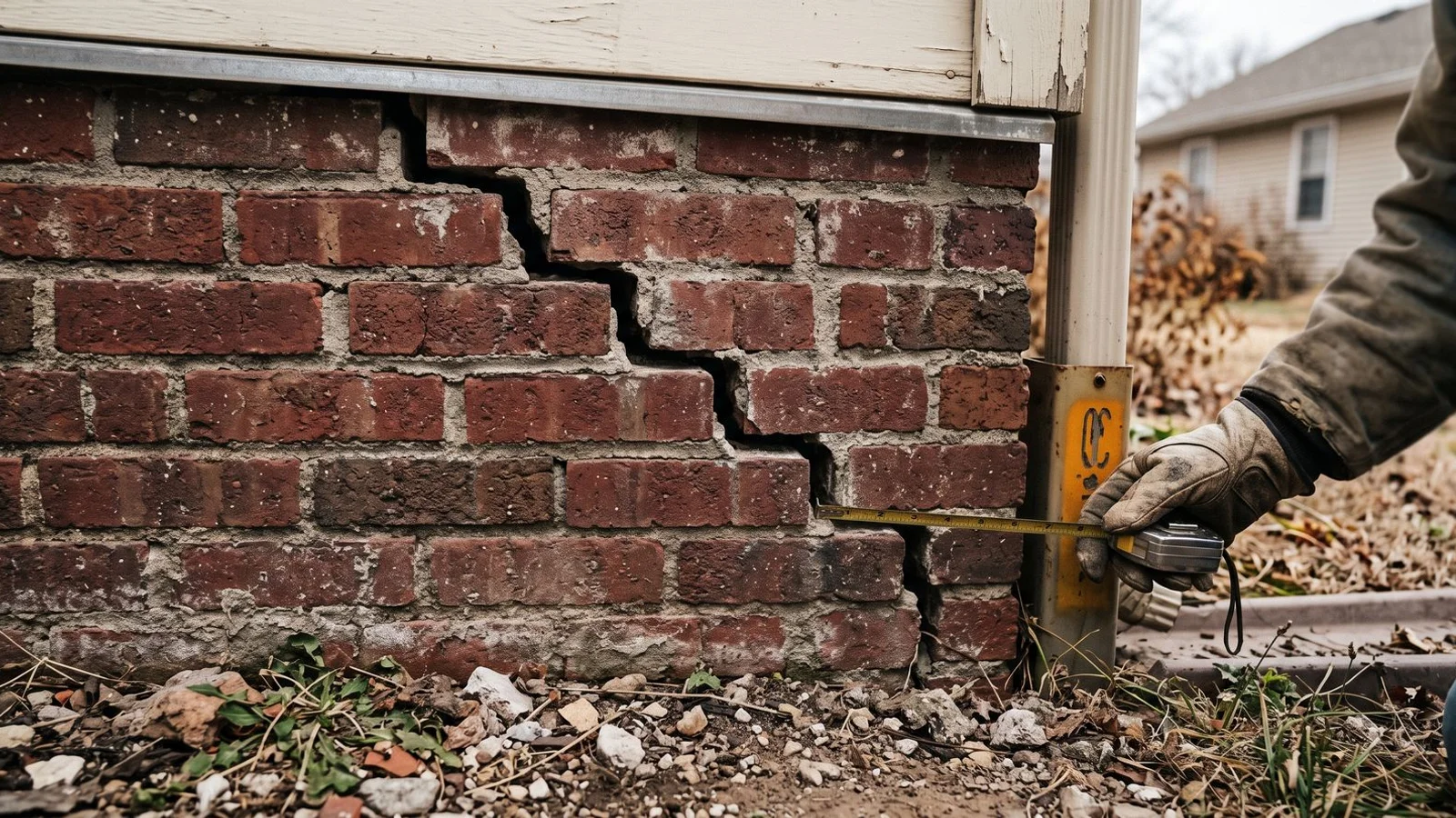 Stair-step crack in brick foundation wall of a Wichita home