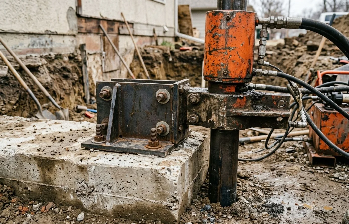 Steel push pier bracket bolted to a residential foundation footing