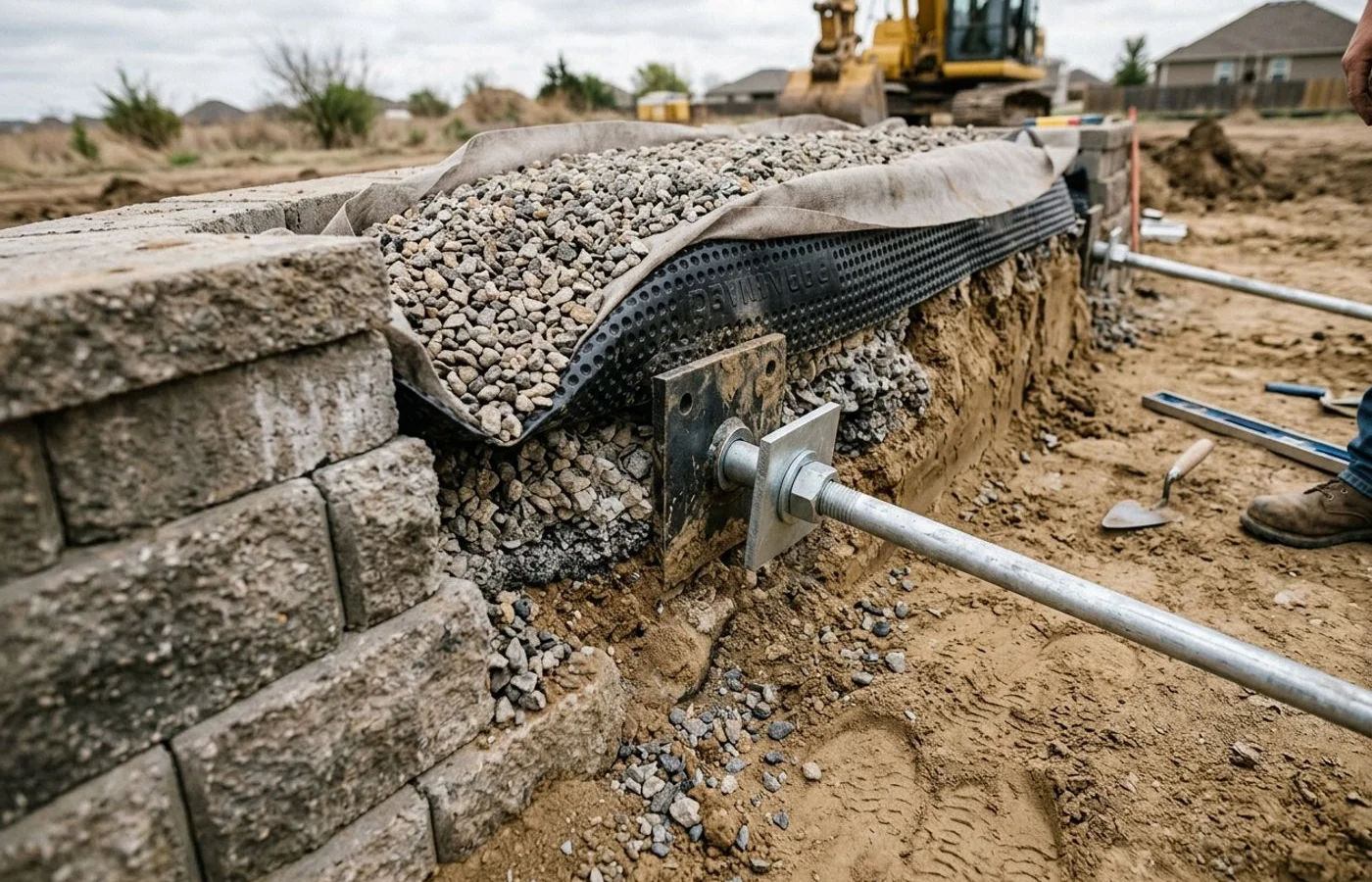 Wall anchor tieback installed behind a leaning retaining wall