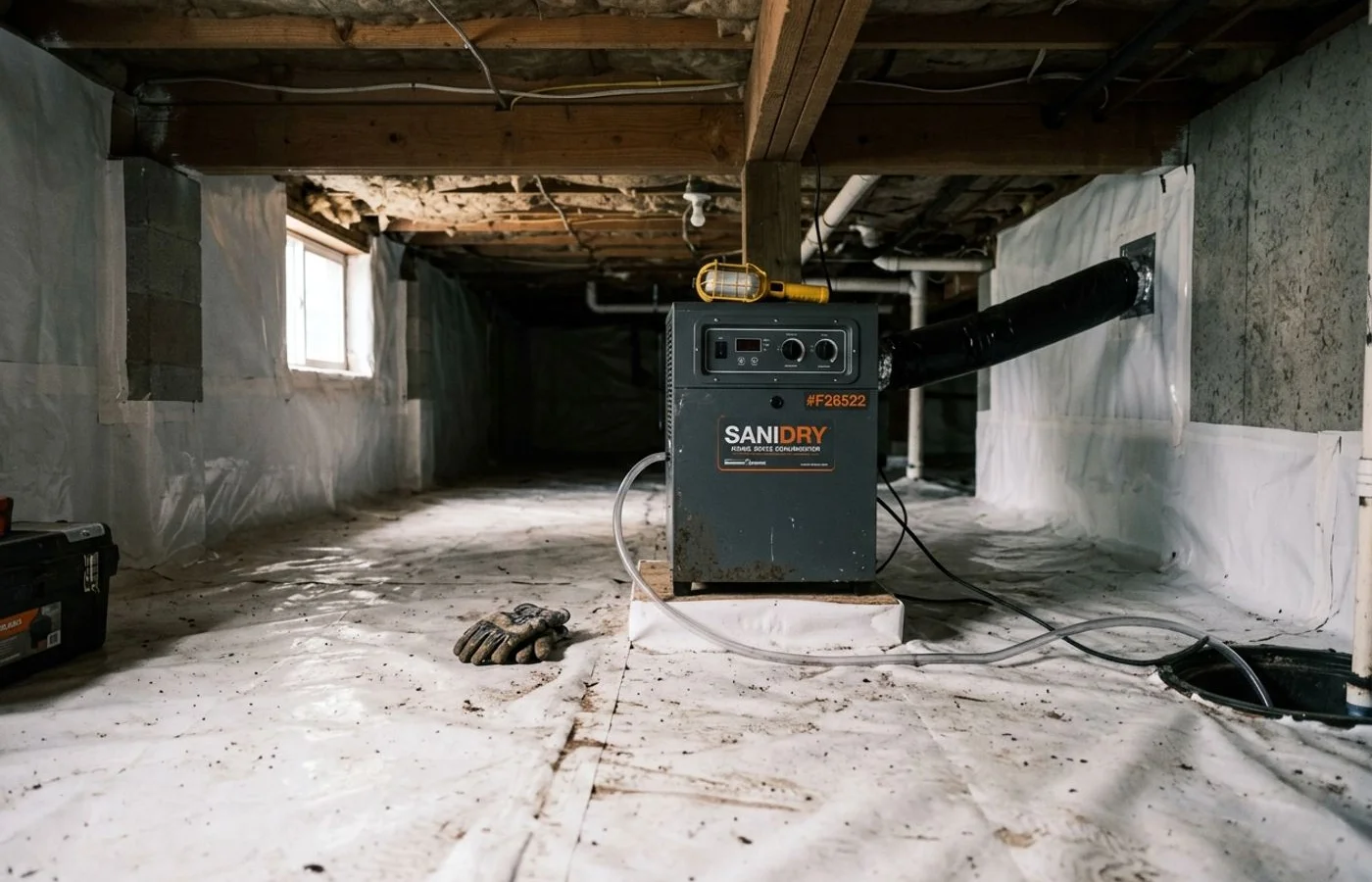 Dehumidifier in an encapsulated crawl space