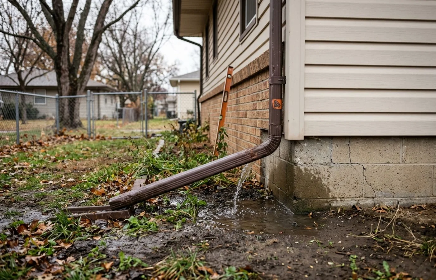 Downspout dumping water against a foundation