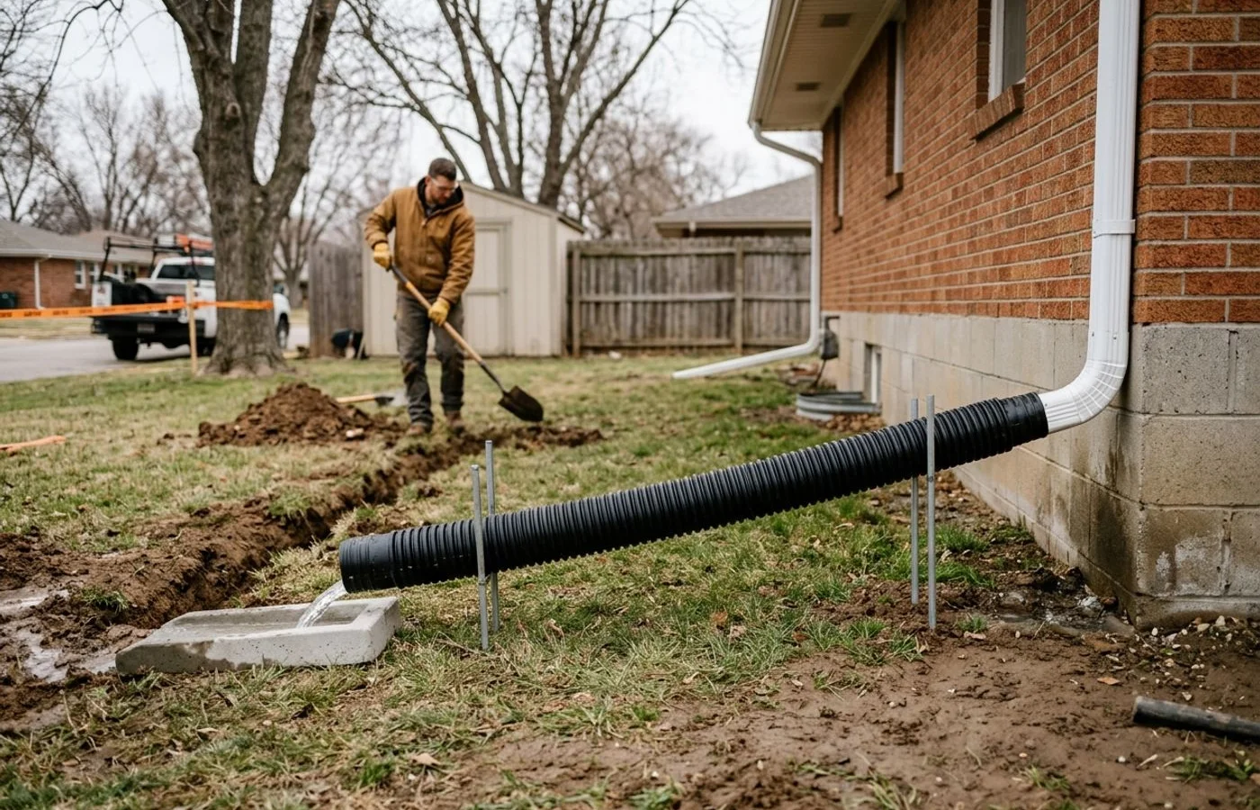 Extended downspout carrying water away