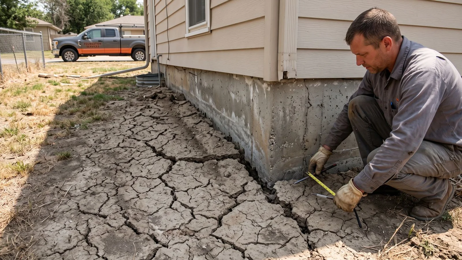 Dry cracked Kansas clay soil pulling away from a home foundation in summer