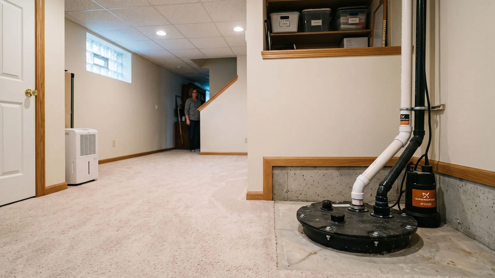 Dry finished basement with a visible sump basin cover