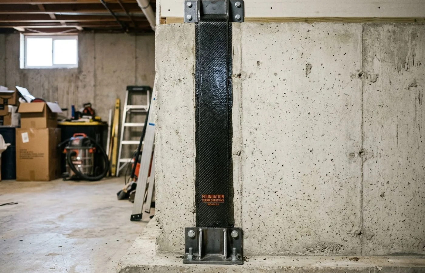 Finished carbon fiber strap on the Derby basement wall