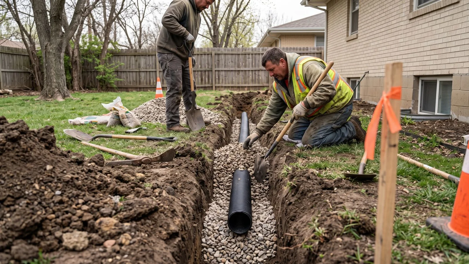 French drain gravel trench with perforated pipe being installed