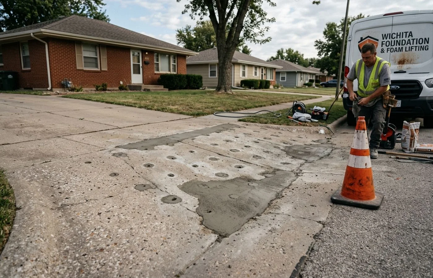 Patched driveway after foam lifting