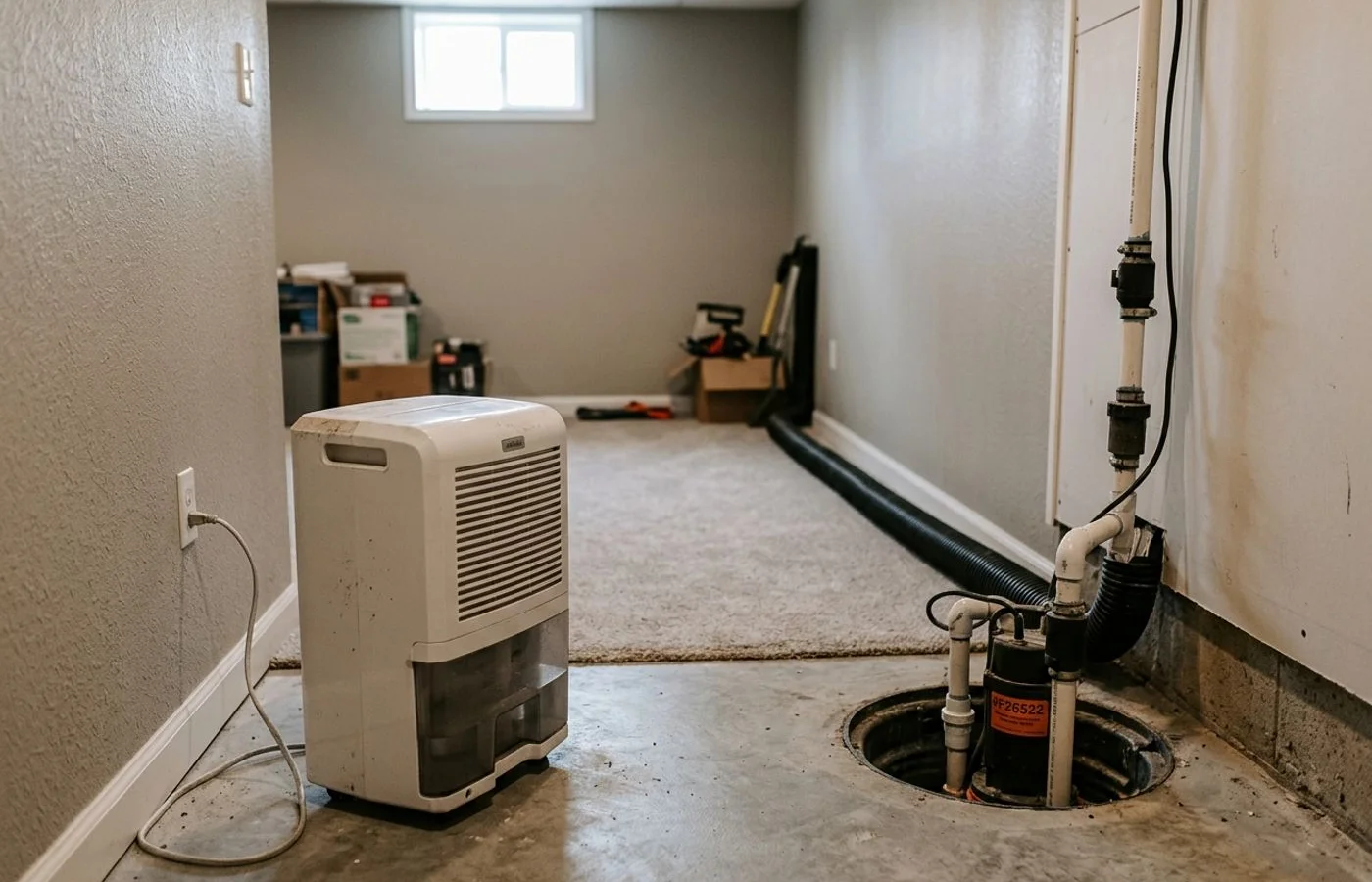 Interior drainage system next to a dehumidifier