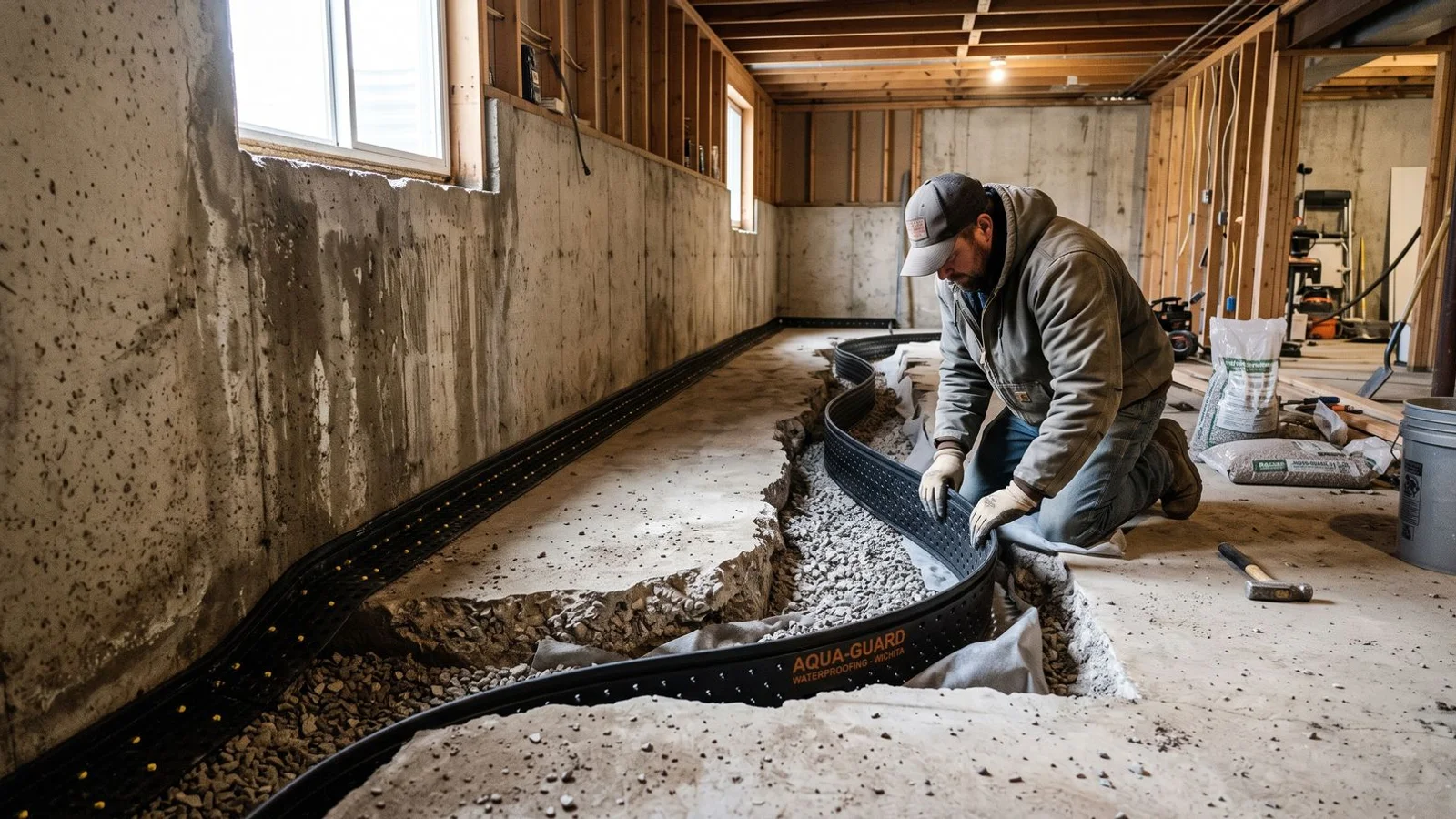 Interior perimeter drainage channel along a basement floor