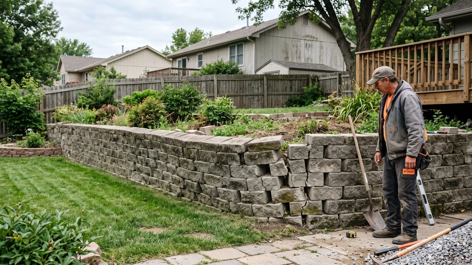 Leaning retaining wall with visible bulging and cracks