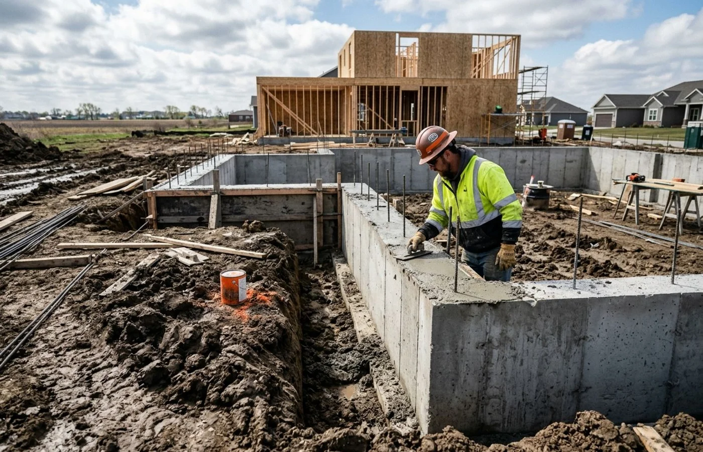 Fresh foundation being poured on a Maize construction site