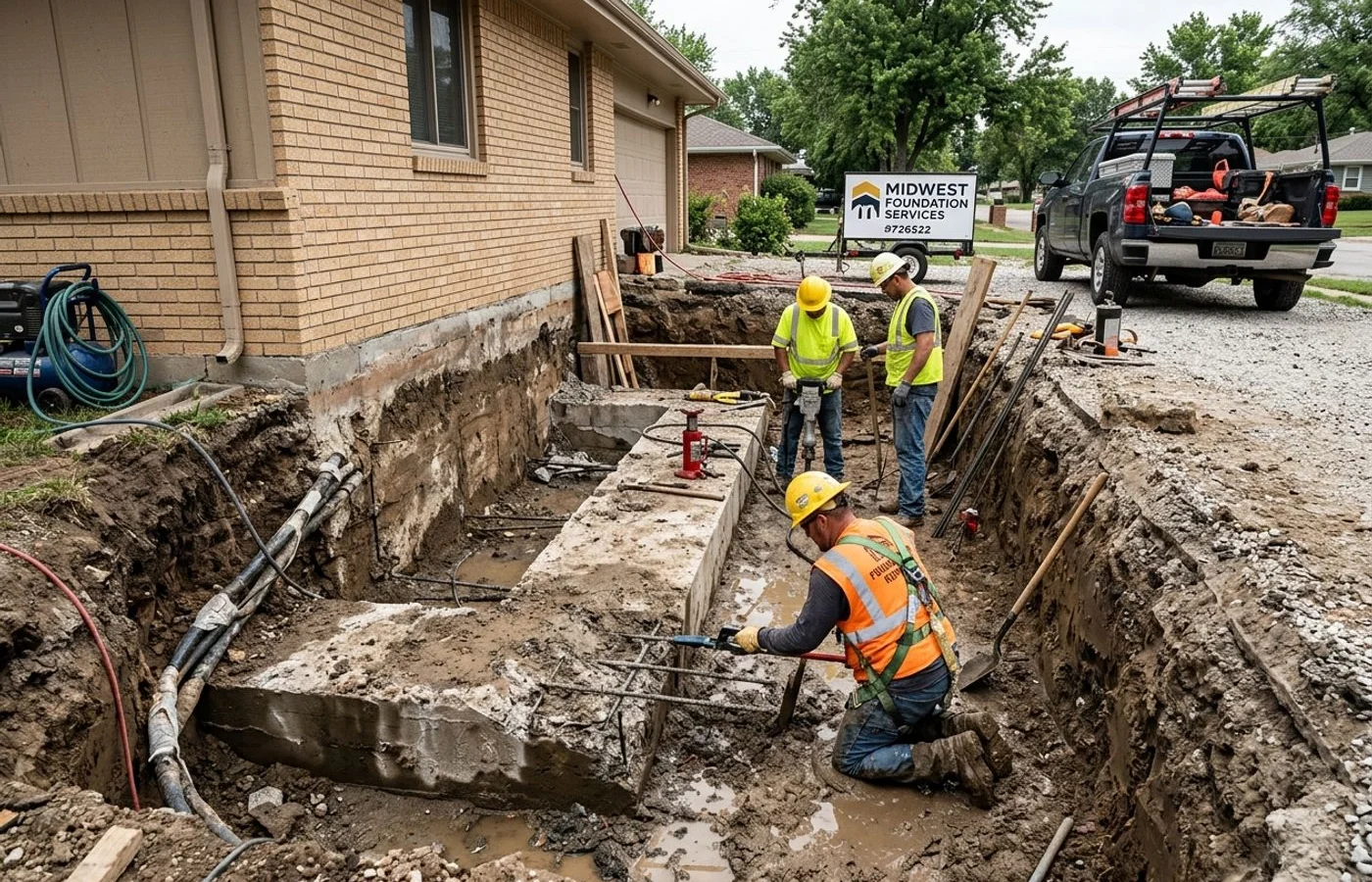 Foundation footing exposed by controlled excavation for repair