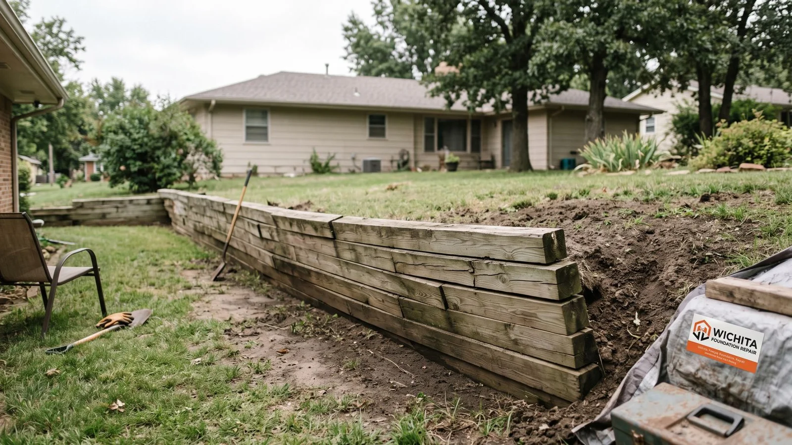 Retaining wall bowing outward under soil pressure