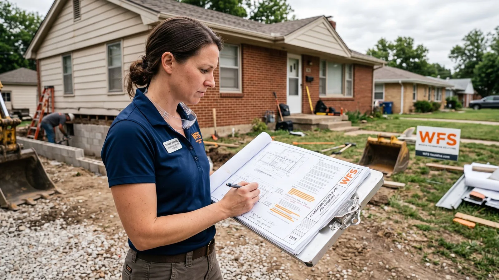 Specialist reviewing an engineered foundation plan on-site