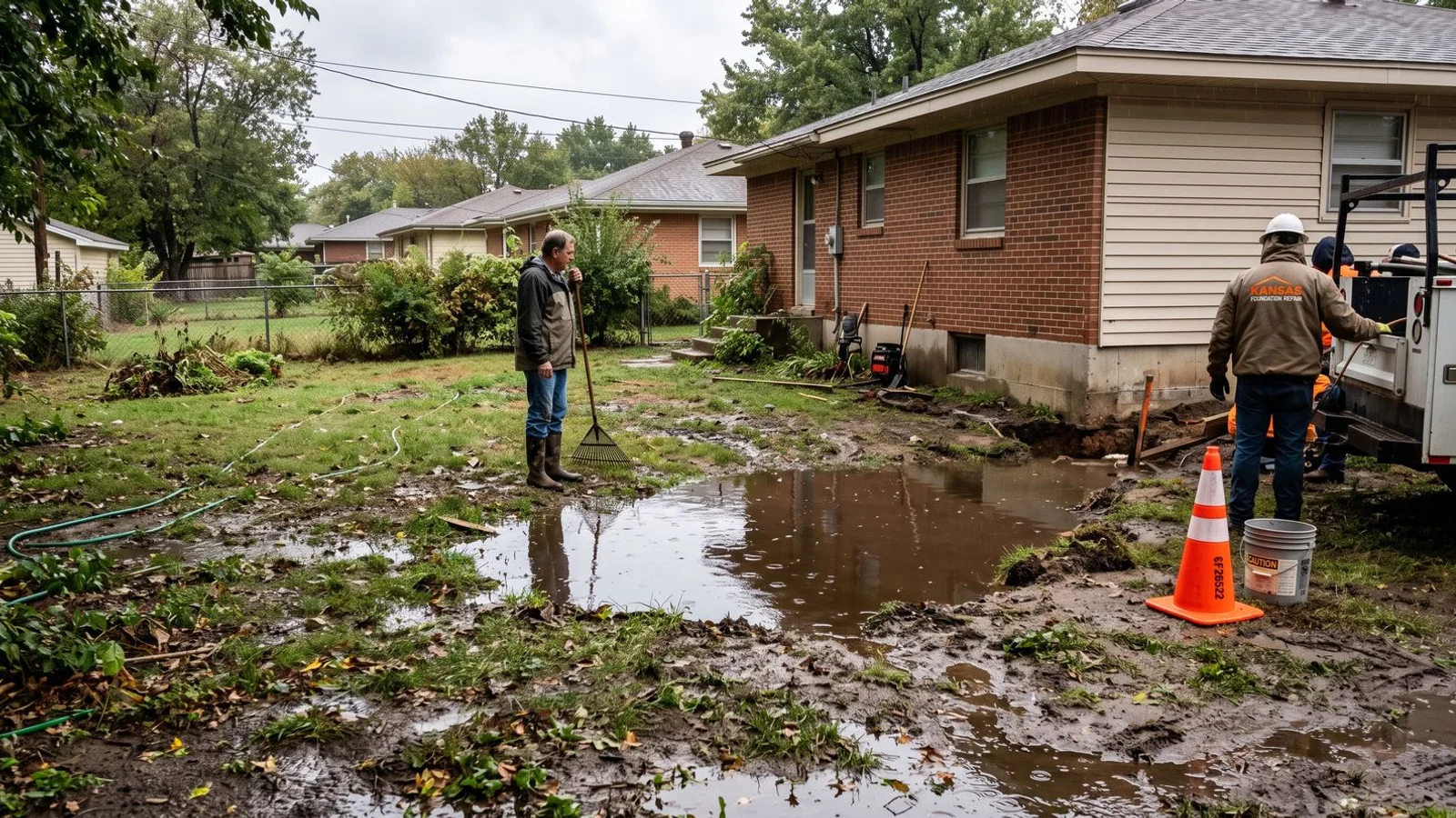 Standing water pooling in a low yard spot
