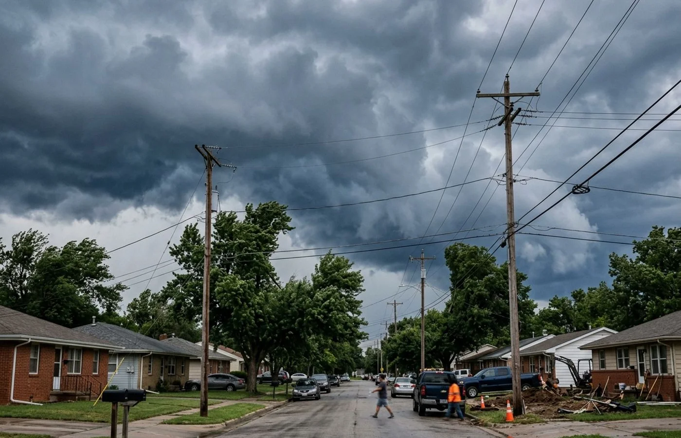 Storm clouds building over Kansas power lines
