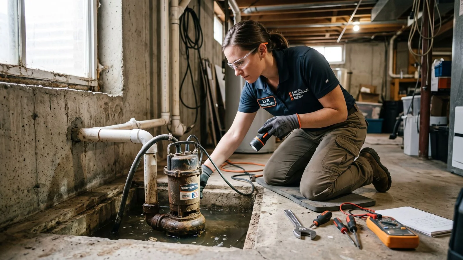 Technician evaluating a sump pump in a basin