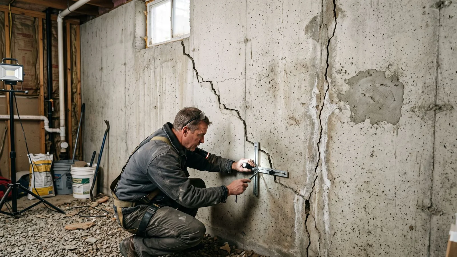 Vertical and stair-step cracks in a poured concrete foundation wall