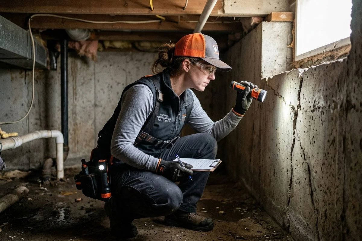 Foundation specialist inspecting a home in Maize, Kansas